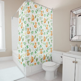 Cortina De Ducha Cute Whimsical Watercolor Fox Green Leaks