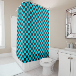 Cortina De Ducha Cyan and charcoal checkerboard pattern