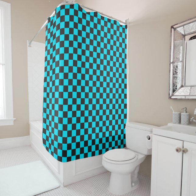 Cortina De Ducha Cyan and charcoal checkerboard pattern (In situ)