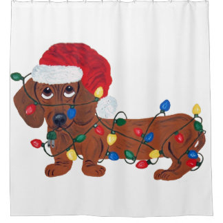 Cortina De Ducha Dachshund (rojo) enredado en luces de navidad