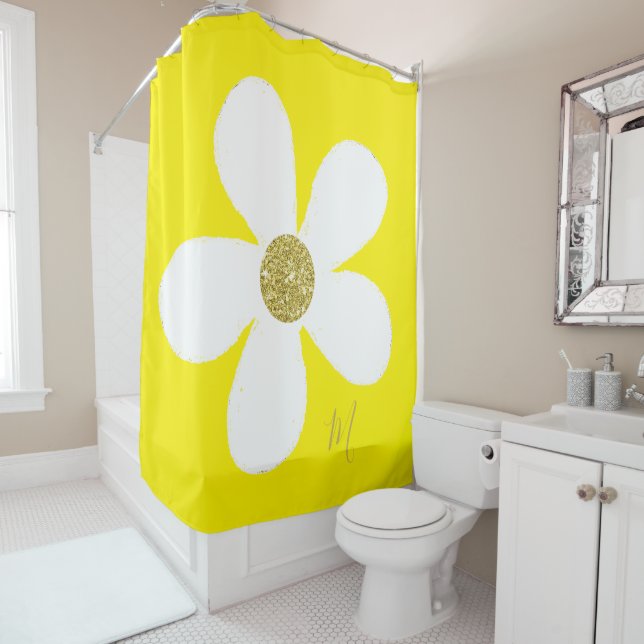 Cortina De Ducha Daisy Amarillo Blanco Simple Floral Gold Personal (In situ)