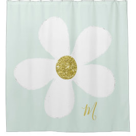 Cortina De Ducha Daisy Green White Simple Floral Gold Personal