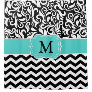Cortina De Ducha Damasco floral blanco negro de Chevron del