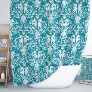 Cortina De Ducha Damask Seahorses Ocean Sea Life Patrón de la costa
