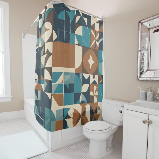 Cortina De Ducha Dark Blue, Teal, Brown, and Tan Geometric Pattern (In situ)