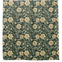 Cortina De Ducha Dark green stylized yellow flowers  pattern 