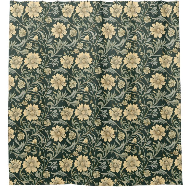Cortina De Ducha Dark green stylized yellow flowers  pattern  (Anverso)