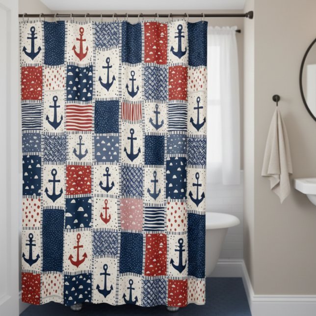 Cortina de ducha de ancla náutica (nautical anchor patchwork navy blue red white shower curtain)