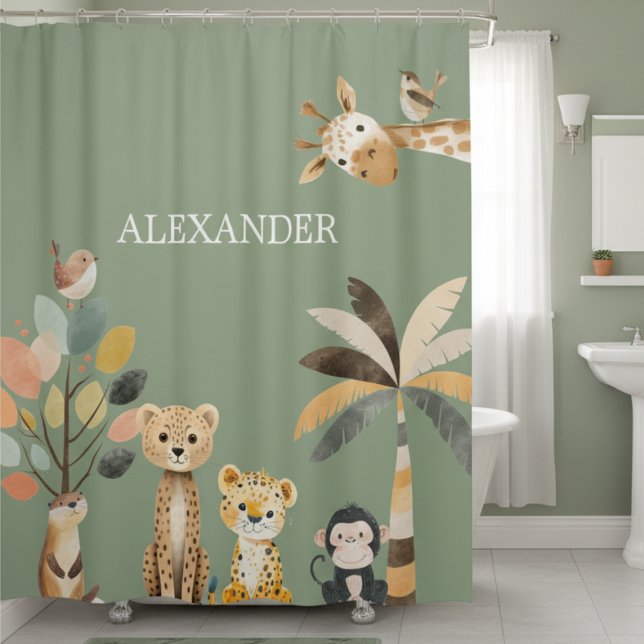 Cortina de ducha de animal suave (whimsical cute animal giraffe monkey green shower curtain for jungle or safari themed bathroom)