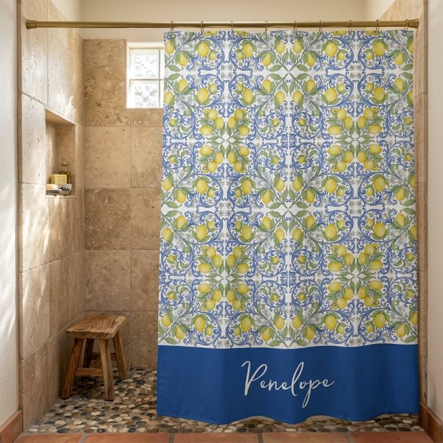 Cortina de ducha de baldosas azules y limón sicili (Sicilian Lemon Blue Majolica Tile Shower Curtain)