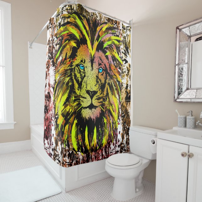 Cortina de ducha de cabeza de león amarilla - cara (In situ)