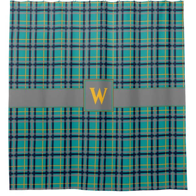 Cortina de ducha de cuadros azules y naranjas (Anverso)