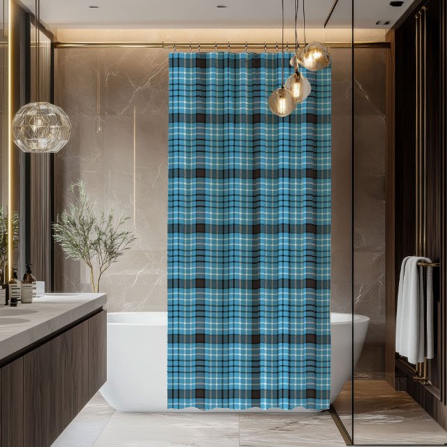 Cortina de ducha de cuadros varonil elegante azul  (Chic Bold Manly Plaid Shower Curtain Blue Grey)