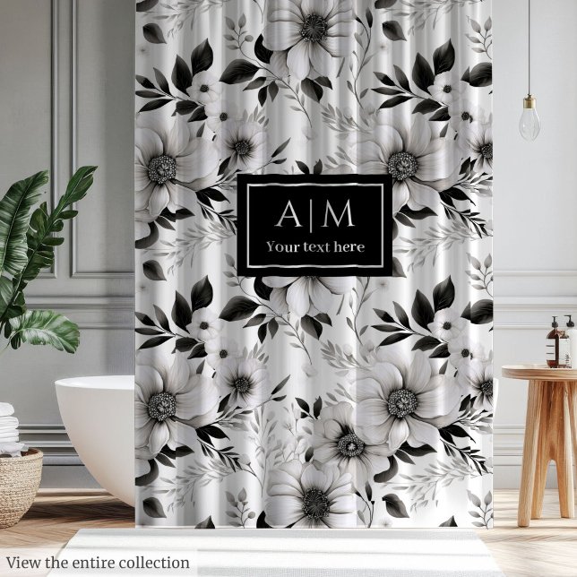 Cortina de ducha de flores en blanco y negro estét (Aesthetic black and white flowers shower curtain)