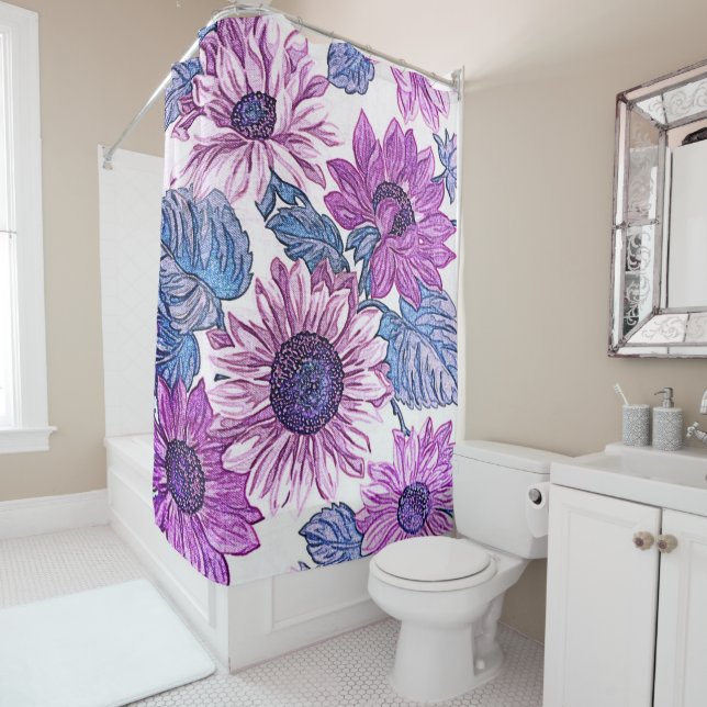 Cortina de ducha de flores moradas y azules (In situ)