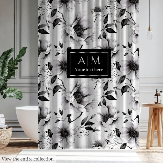 Cortina de ducha de flores negras y blancas magníf (Magnificent black and white flowers shower curtain)