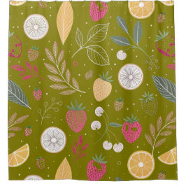 Cortina de ducha de frutas y flores en verde oliva