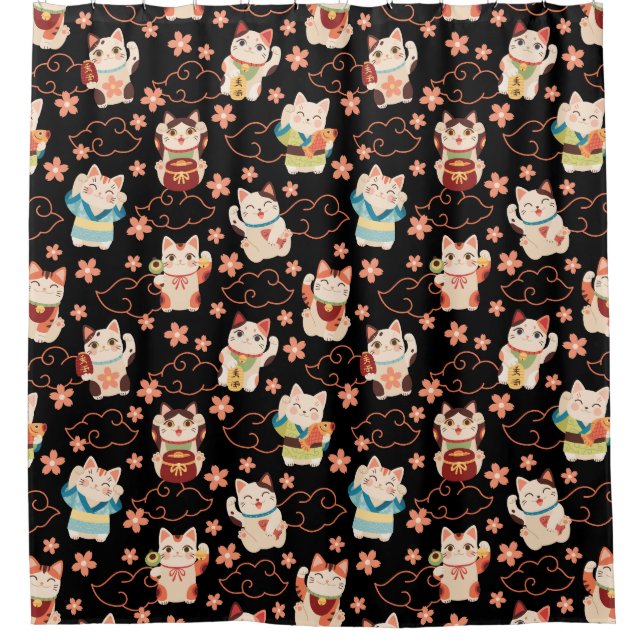 Cortina de ducha de gatos Maneki Neko afortunados (Anverso)