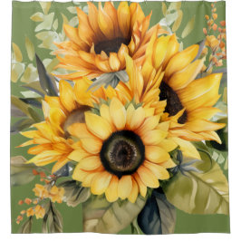 Cortina de ducha de girasoles en acuarela rústica