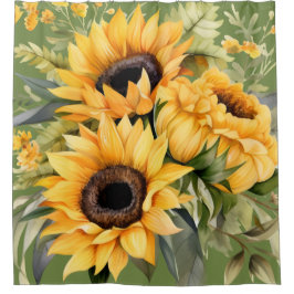 Cortina de ducha de girasoles en acuarela rústica