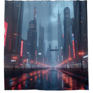 Cortina de ducha de paisaje urbano Cyberpunk Neon 