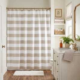 Cortina de ducha de rayas beige claro y blanco