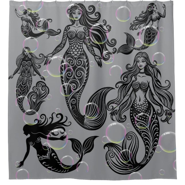 Cortina de ducha de sirena gris y negra (Anverso)