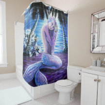 Cortina de ducha de sirena iluminada por luna