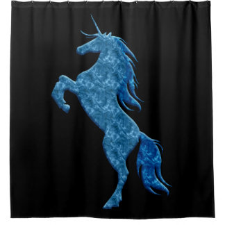 Cortina de ducha de unicornio que cría el fuego az