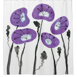 Cortina De Ducha Decoración de baño boho moderna con amapolas púrpu
