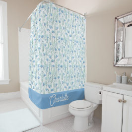 Cortina De Ducha Delantal con flores silvestres acuarela azul y nom