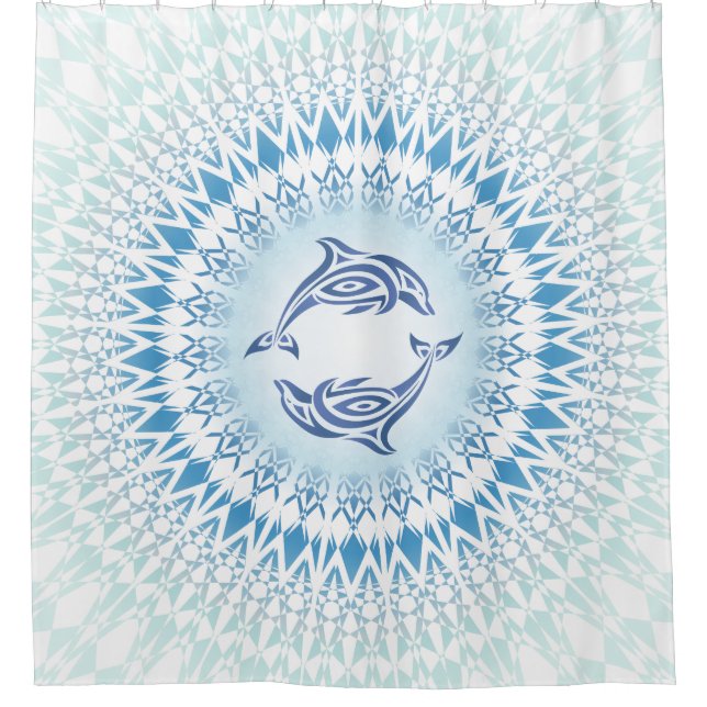 Cortina De Ducha Delfines Mandala Azul Blanco Náutico (Anverso)