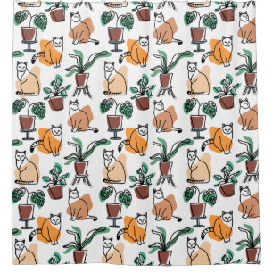 Cortina De Ducha Dibujo en línea de gatos y flores