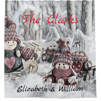 Cortina De Ducha Dibujo vintage de los gnomos en la nieve