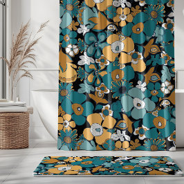 Cortina De Ducha Dibujos florales aqua azul mostaza negro blanco
