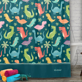 Cortina De Ducha Dinosaur Pattern Blue Monogrammed Kid Boy Bathroom