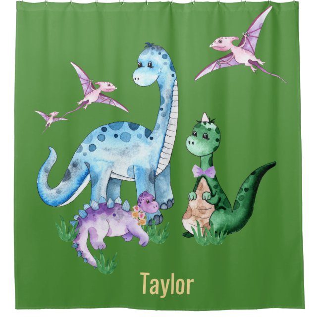 Cortina De Ducha Dinosaurios Azul Púrpura Verde Niños Nombre Person (Anverso)
