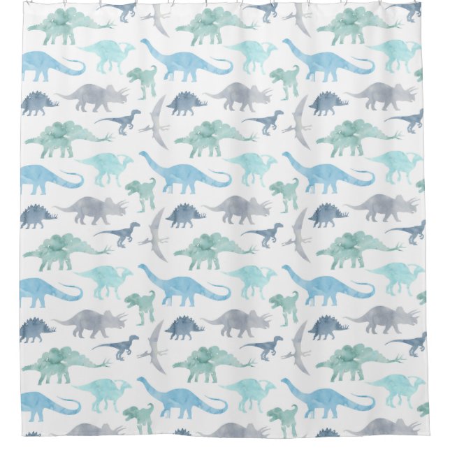 Cortina De Ducha Dinosaurios de acuarela azul y verde  (Anverso)
