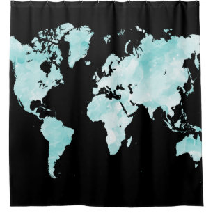 Cortina De Ducha Diseño 72 mapa del mundo azul acuático negro