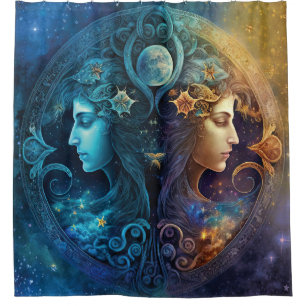 Cortina De Ducha Diseño de Acuarela del Signo Zodiacal Géminis