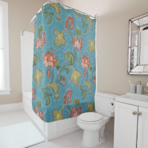 Cortina De Ducha Diseño de brocado dorado floral damasco azul antig