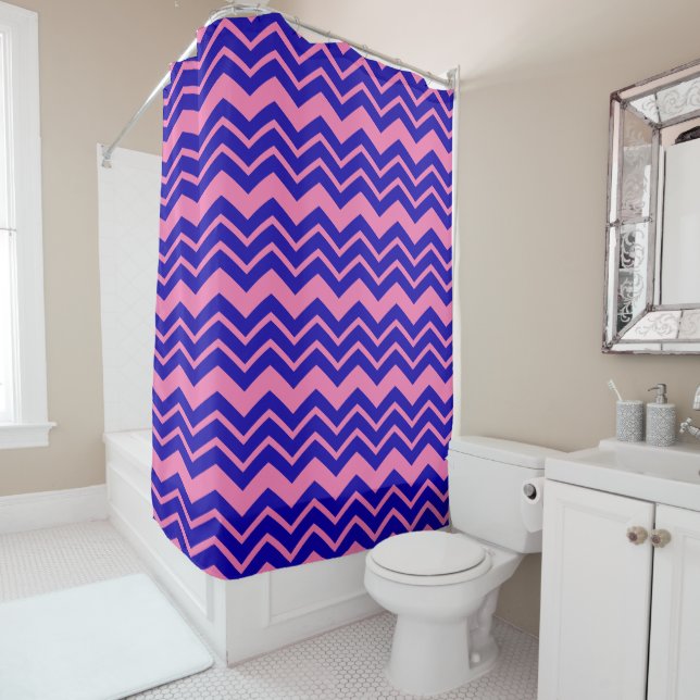 Cortina De Ducha Diseño de Chevron Zigzag Rosa Azul (In situ)