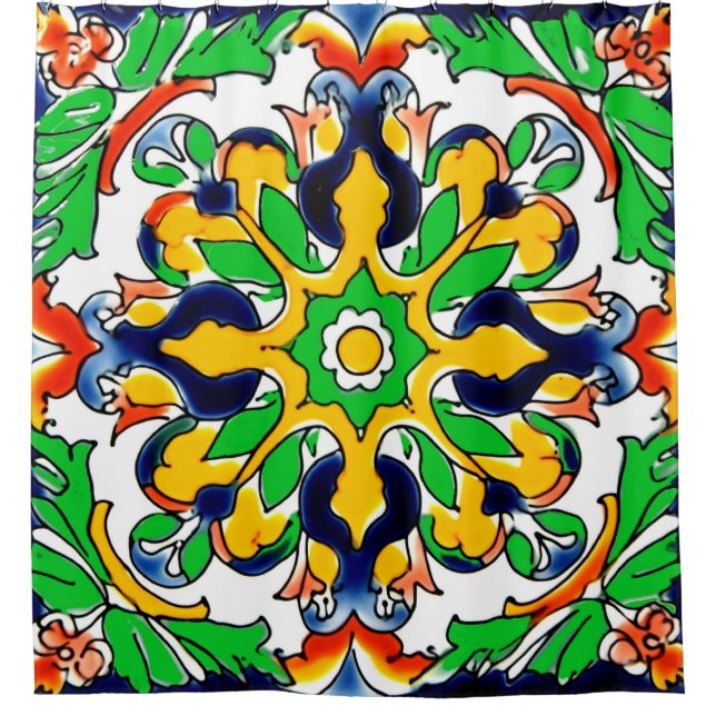 Cortina De Ducha Diseño de mosaico Talavera Terracotta Mexicana No. (Anverso)