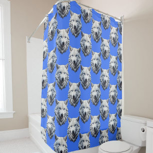 Cortina De Ducha Diseño de patrón de cabeza de lobo blanco azul