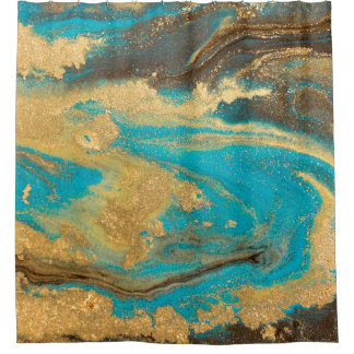 Cortina De Ducha Diseño de textura dorada de mármol. Marea azul y d