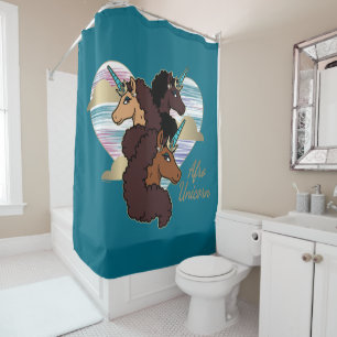 Cortina De Ducha Diseño del corazón del trío Afro Unicornio