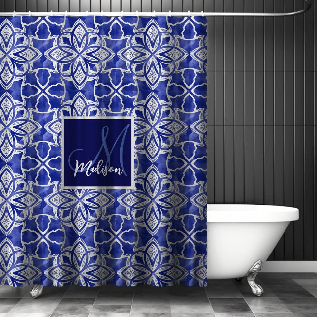 Cortina De Ducha Diseño elegante azul grisáceo inicial monogramado (Subido por el creador)