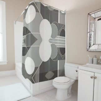 Cortina De Ducha Diseño geométrico gris y blanco con líneas de círc