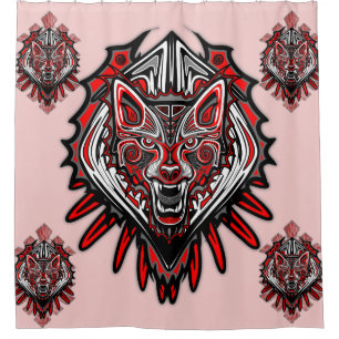 Cortina De Ducha Diseño Totémico Tribal Haida de Lobo