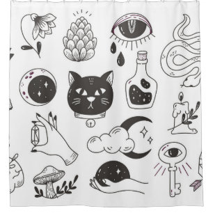 Cortina De Ducha doodle de tatuaje místico dibujado a mano, insigni